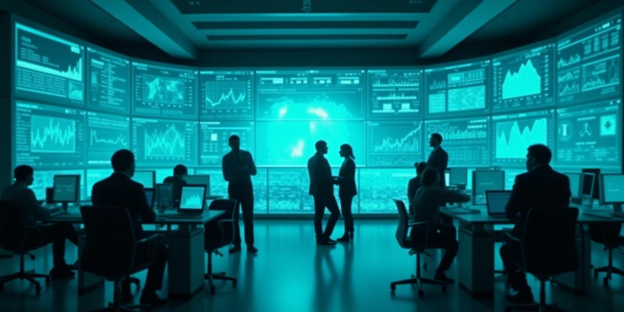 A high-tech trading floor with digital screens and financial analysts